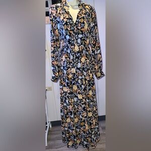 Lucky Brand Floral Print Maxi Dress Long Sleeve Ruffle Neckline Bohemian Style